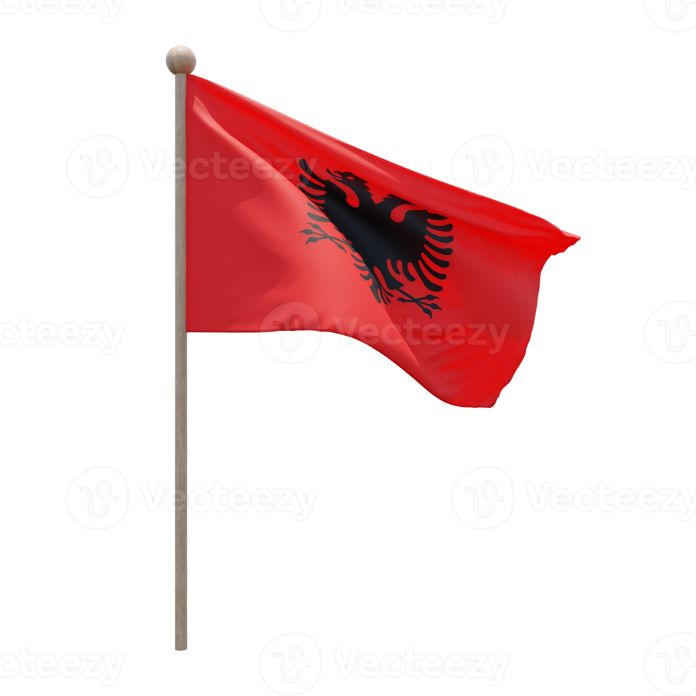 Albania 3d illustration flag on pole. Wood flagpole png