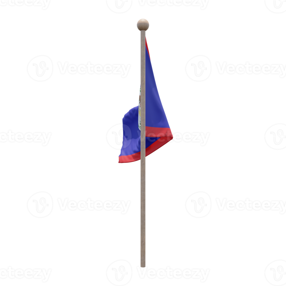 Belize 3d illustration flag on pole. Wood flagpole png