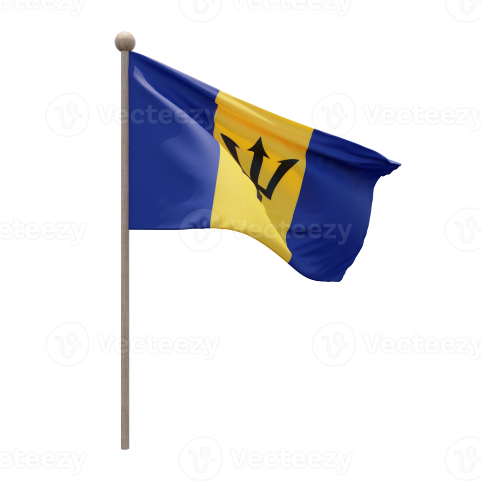 Barbados 3d illustration flag on pole. Wood flagpole png