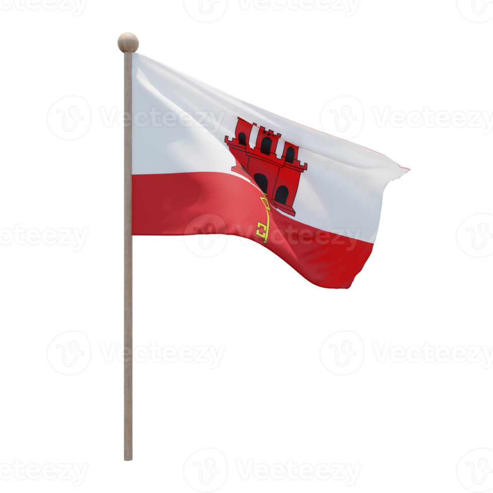 Gibraltar 3d illustration flag on pole. Wood flagpole png