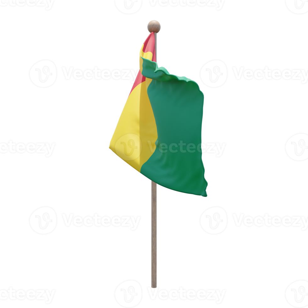 Guinea 3d illustration flag on pole. Wood flagpole png