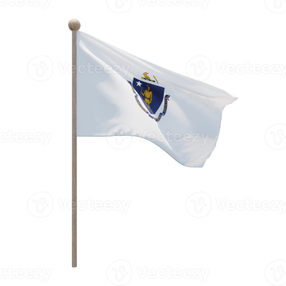 Massachusetts 3d illustration flag on pole. Wood flagpole png