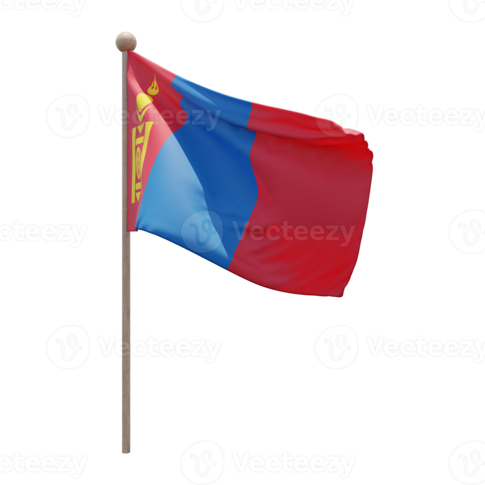 Mongolia 3d illustration flag on pole. Wood flagpole png