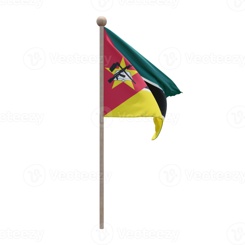 Mozambique 3d illustration flag on pole. Wood flagpole png