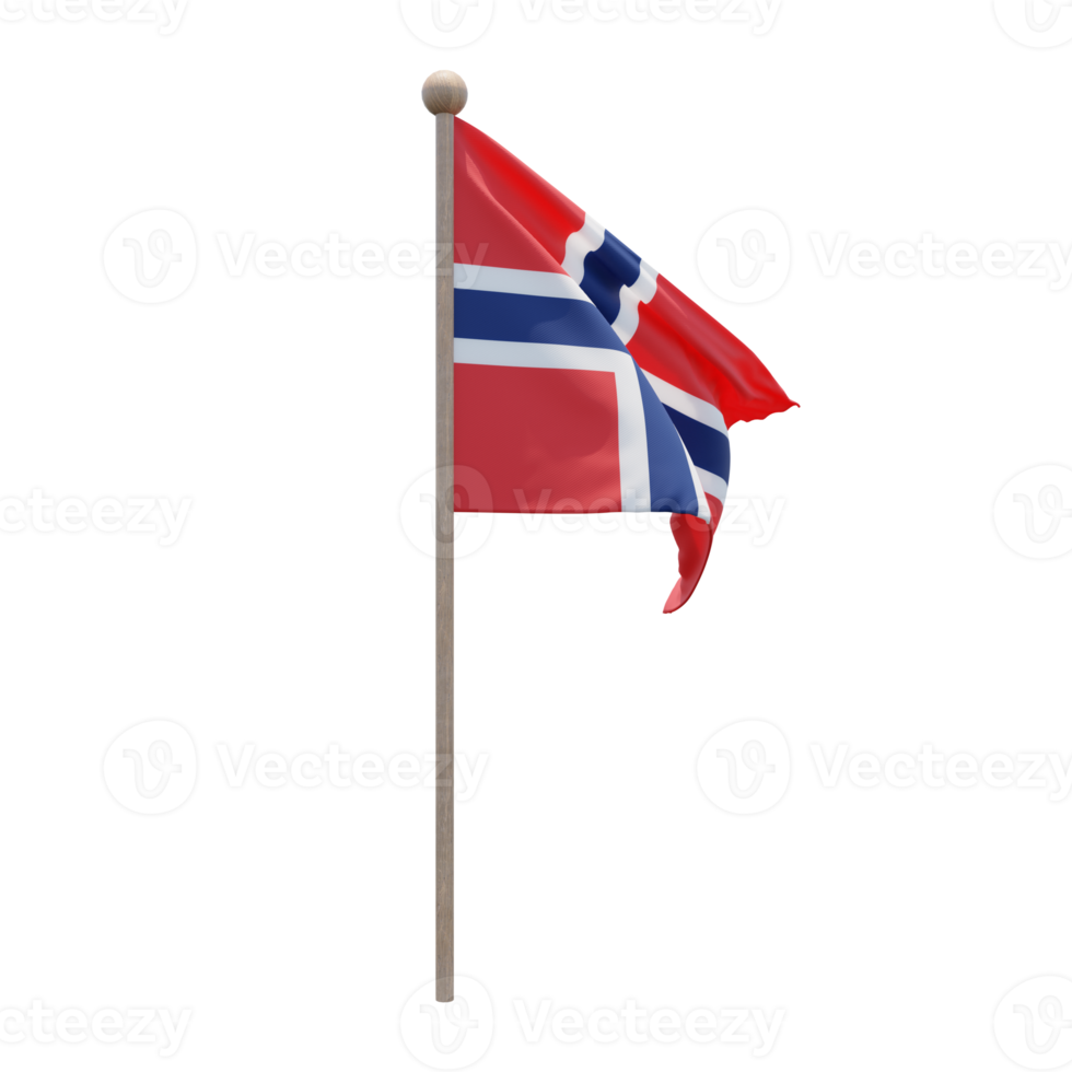 Norway 3d illustration flag on pole. Wood flagpole png