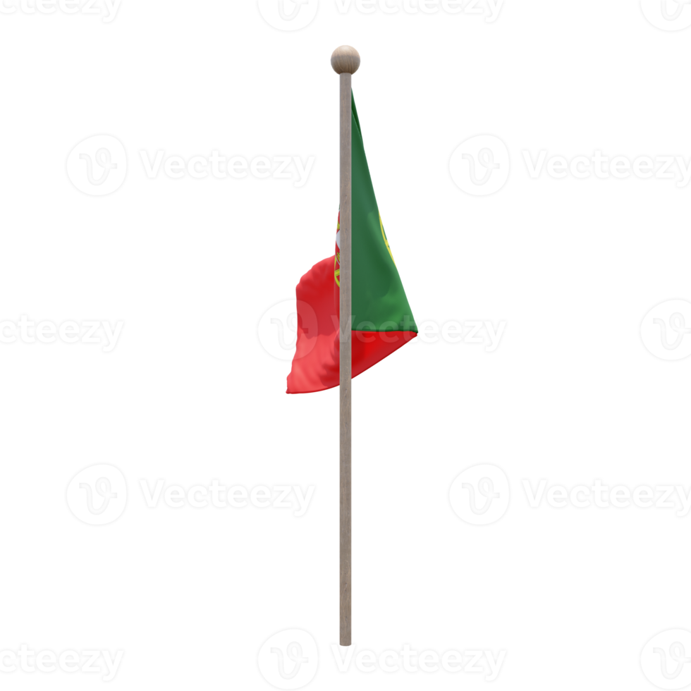 Portugal 3d illustration flag on pole. Wood flagpole png