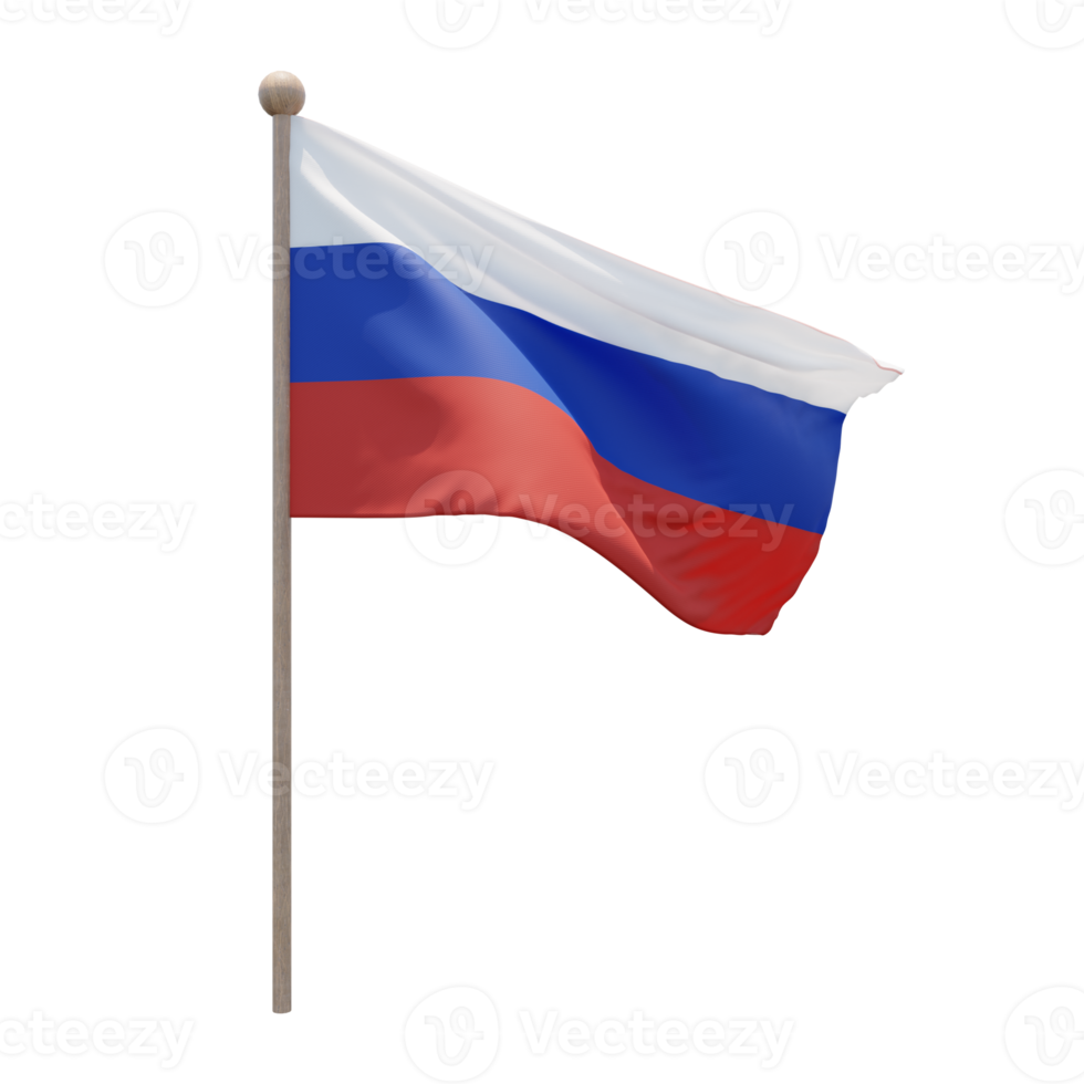 Russia 3d illustration flag on pole. Wood flagpole png