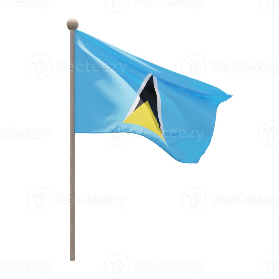 Saint Lucia 3d illustration flag on pole. Wood flagpole png