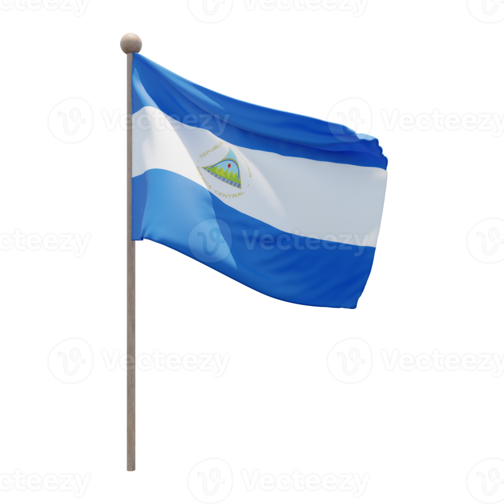 Nicaragua 3d illustration flag on pole. Wood flagpole png