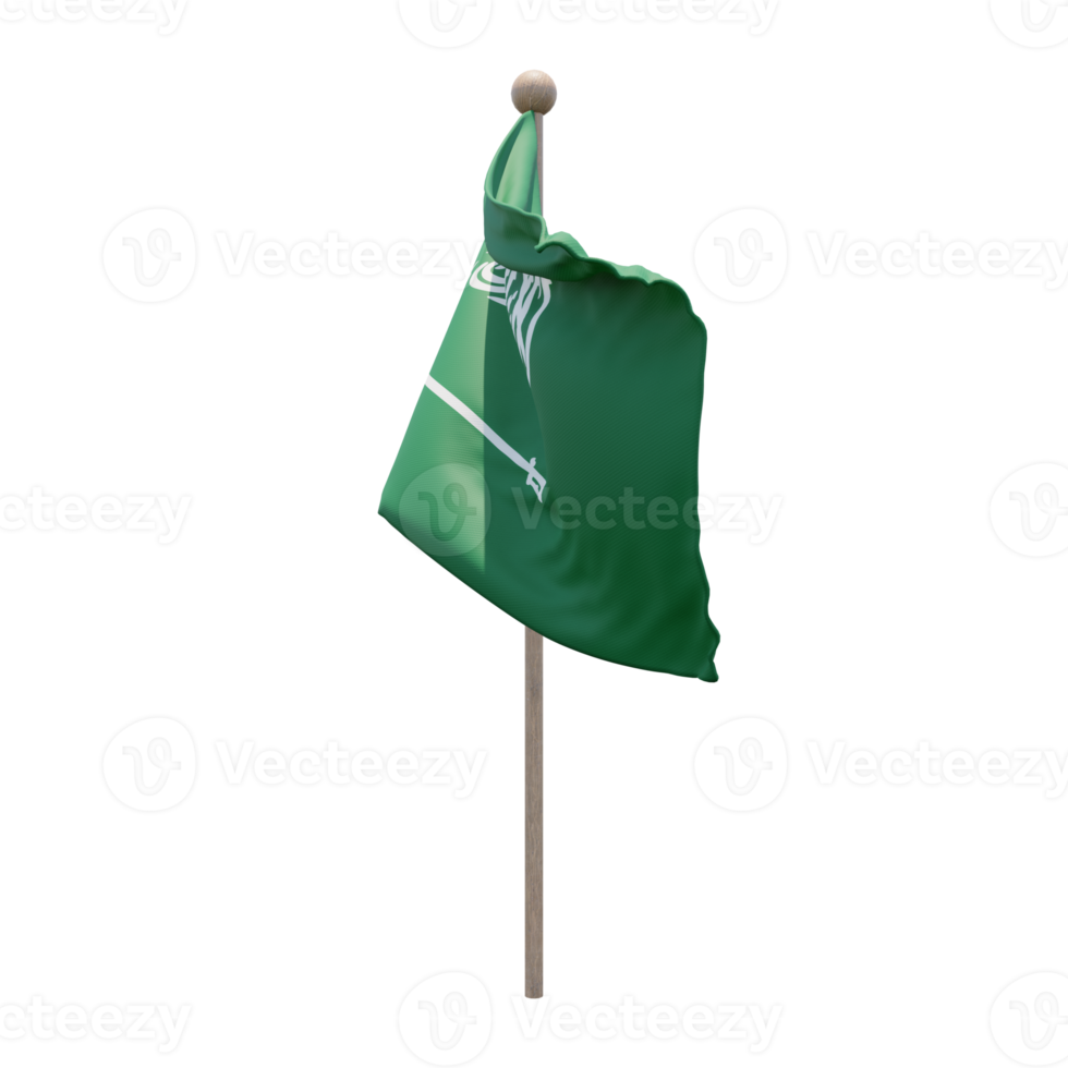 Saudi Arabia 3d illustration flag on pole. Wood flagpole png