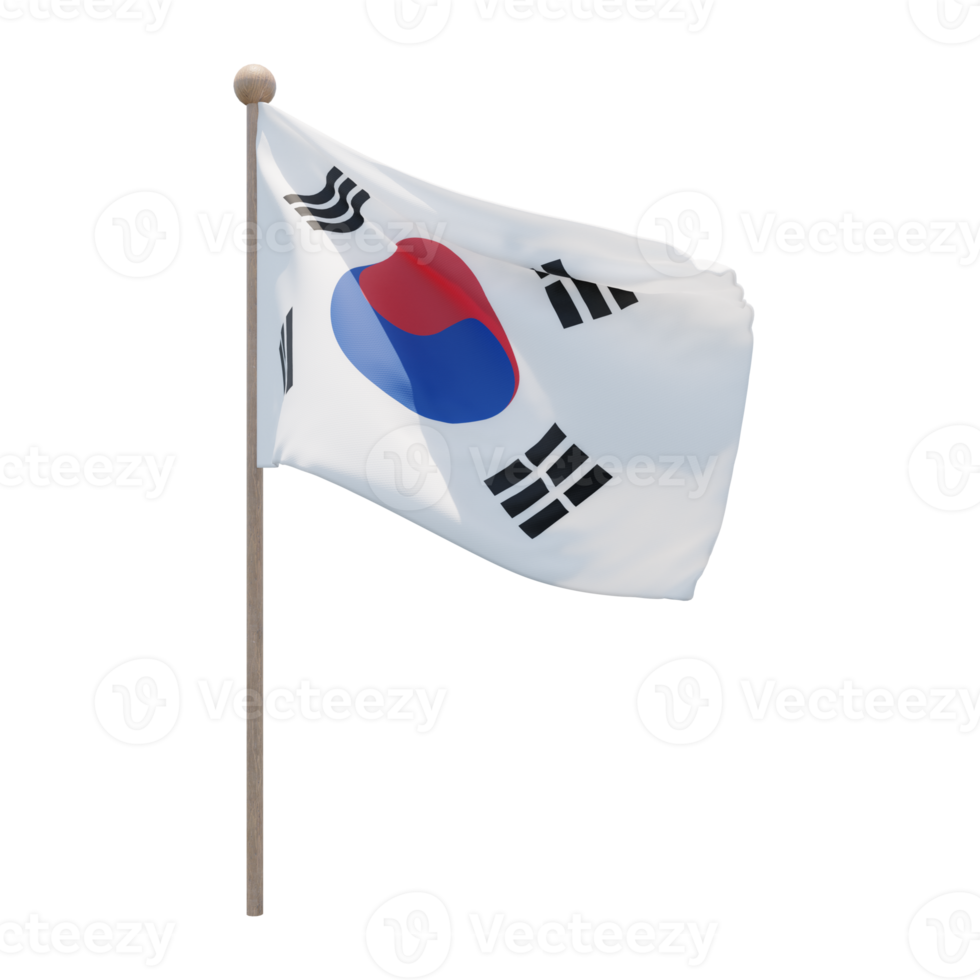 South Korea 3d illustration flag on pole. Wood flagpole png