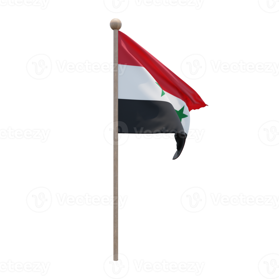 Syria 3d illustration flag on pole. Wood flagpole png