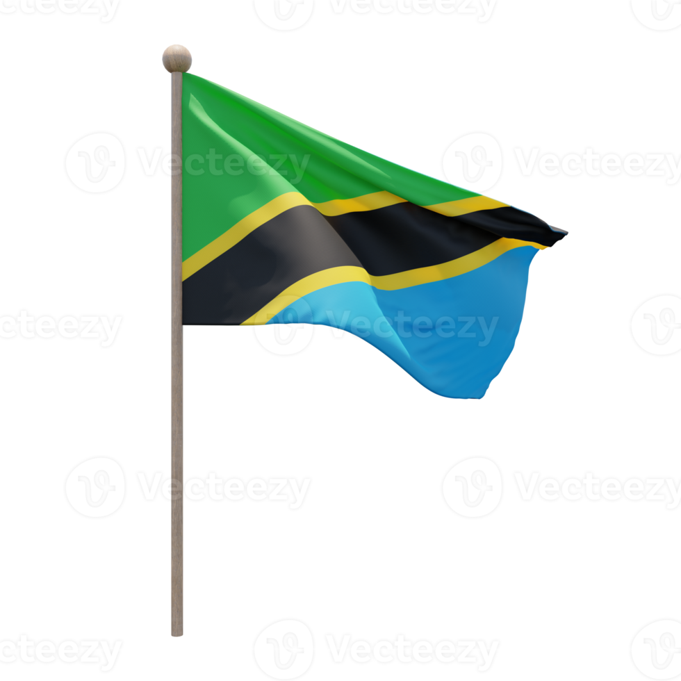 Tanzania 3d illustration flag on pole. Wood flagpole png