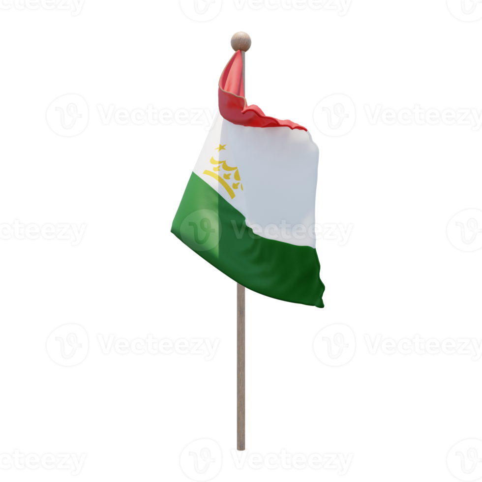 Tajikistan 3d illustration flag on pole. Wood flagpole png