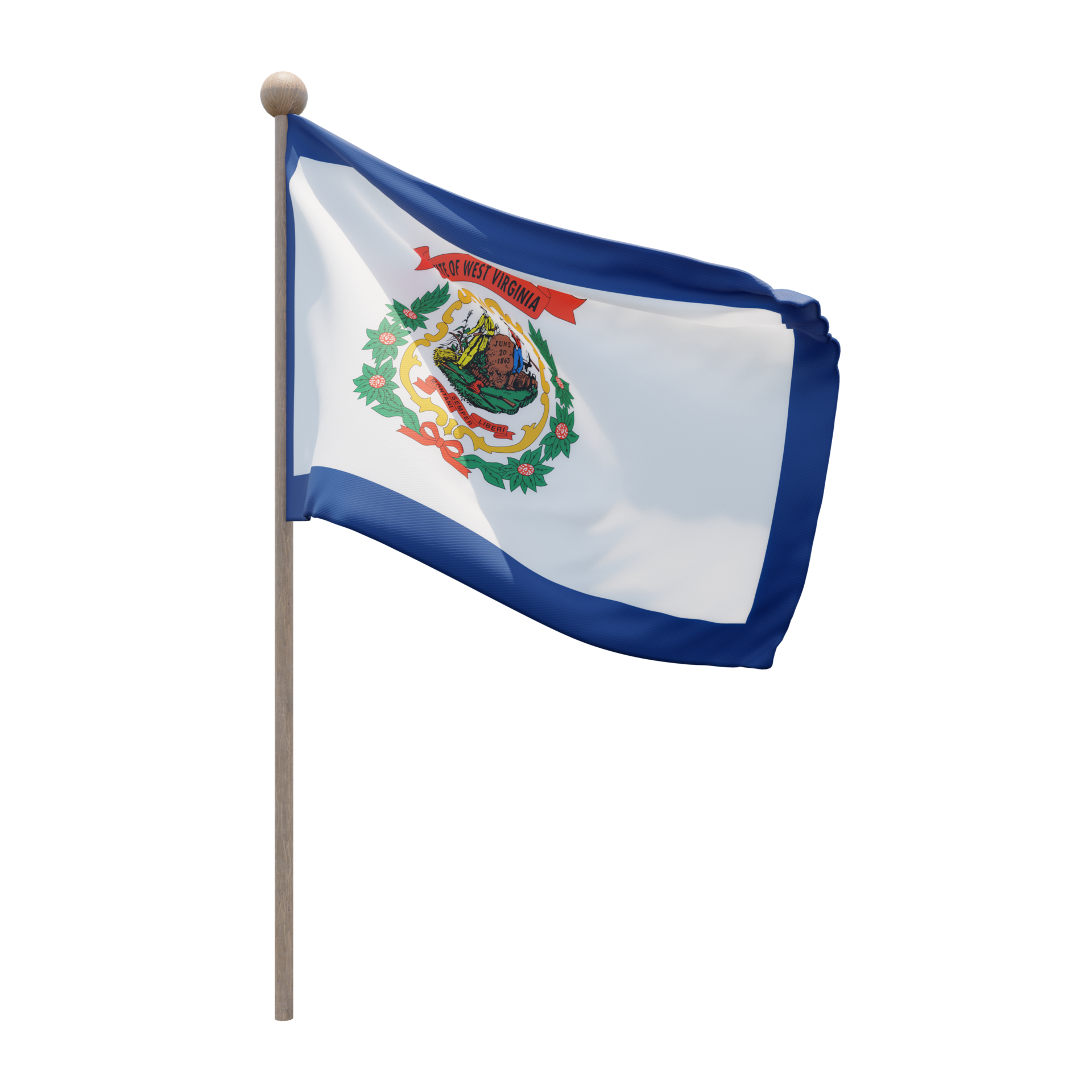 Free West Virginia 3d illustration flag on pole. Wood flagpole 11285536