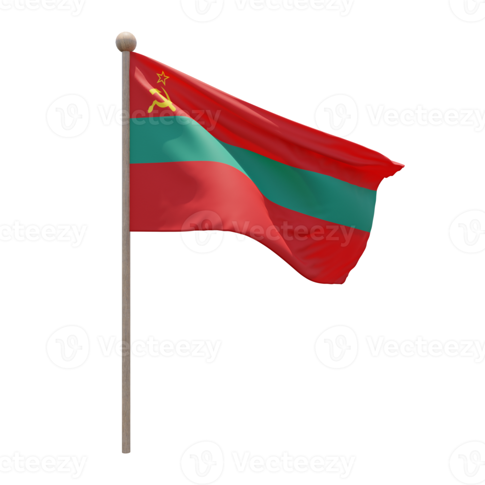 Transnistria 3d illustration flag on pole. Wood flagpole png