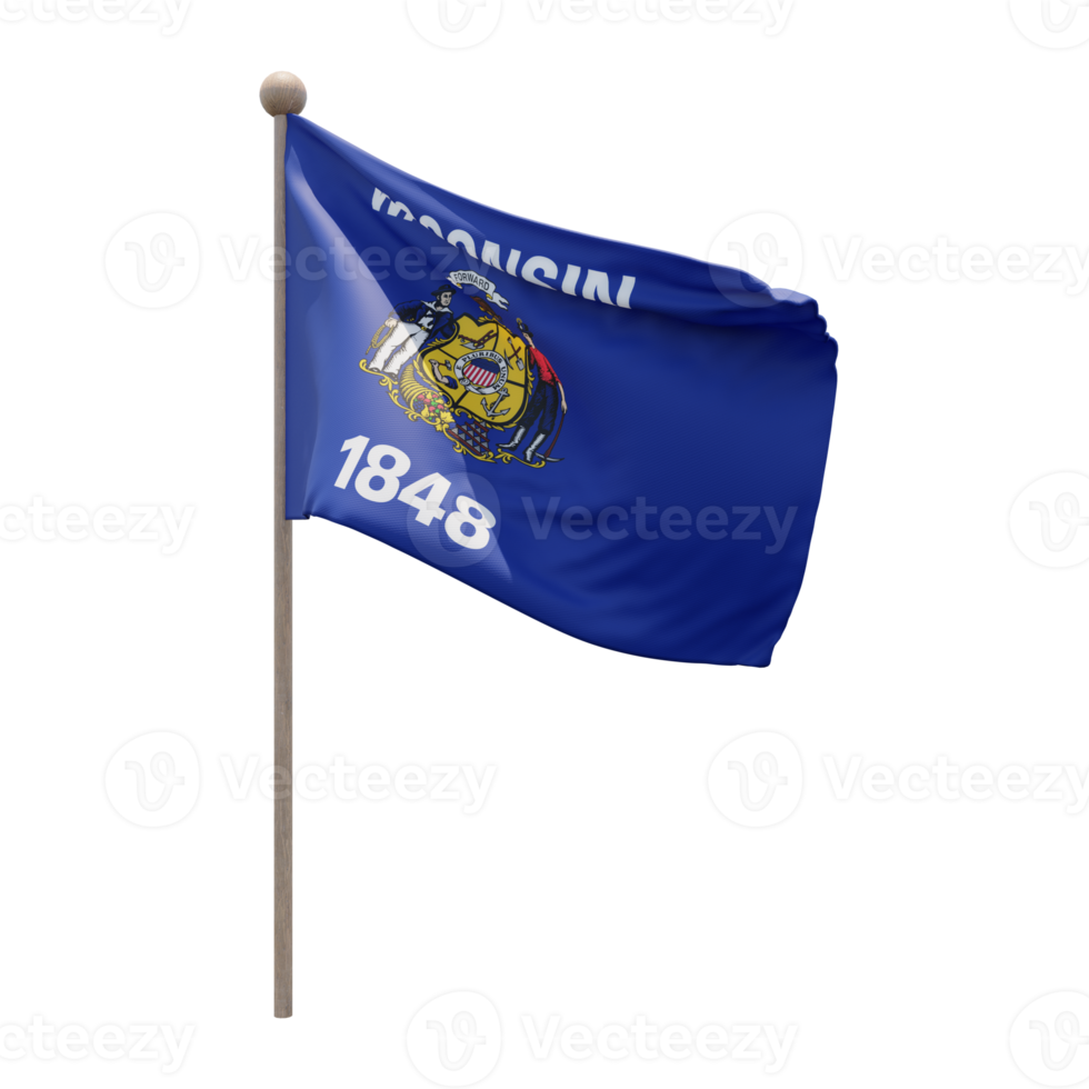 Wisconsin 3d illustration flag on pole. Wood flagpole png