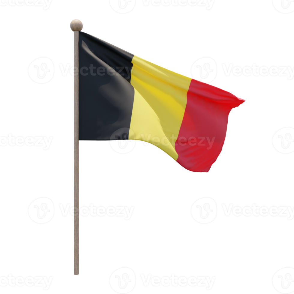 Belgien 3D-Darstellung Flagge auf der Stange. Fahnenmast aus Holz png