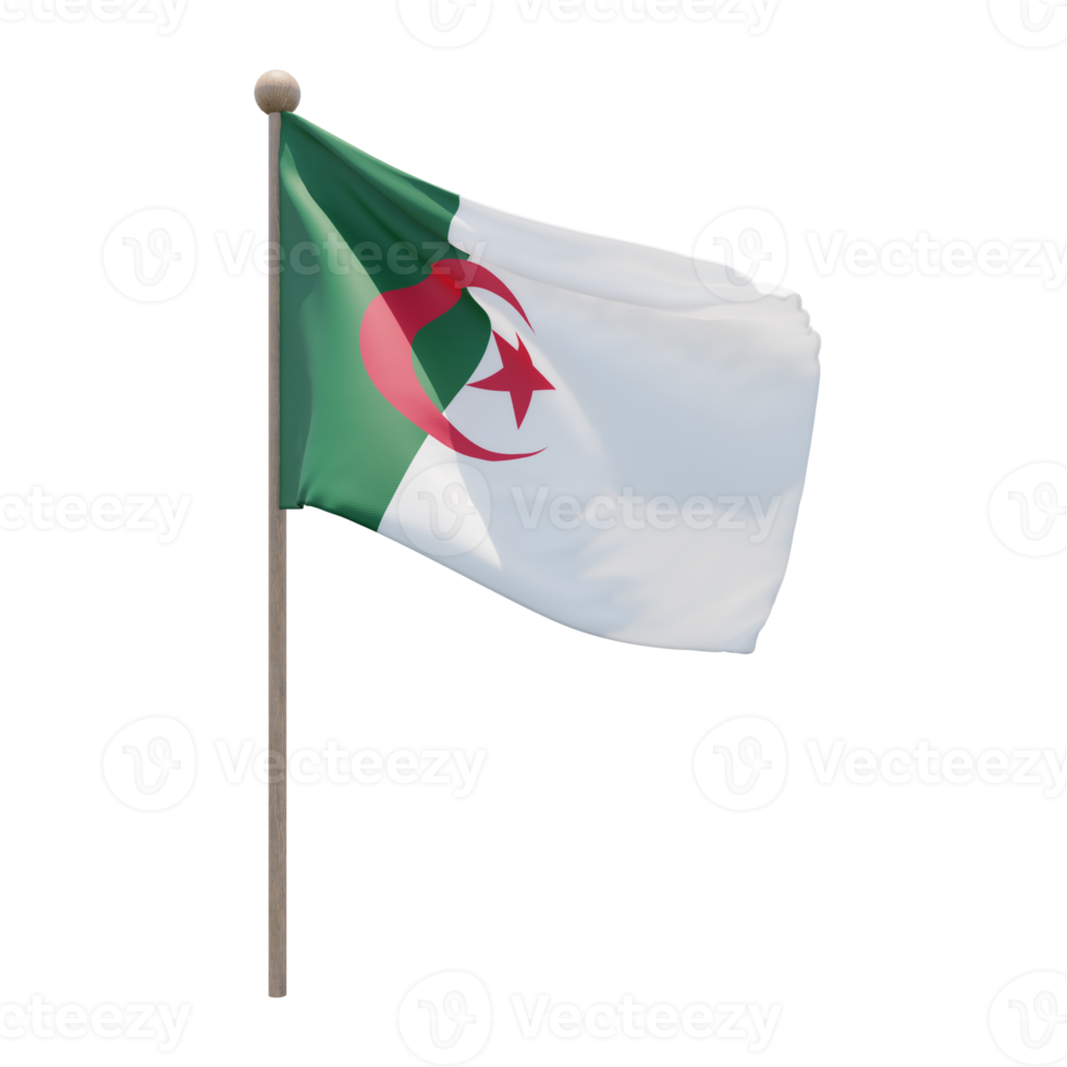 Algeria 3d illustration flag on pole. Wood flagpole png