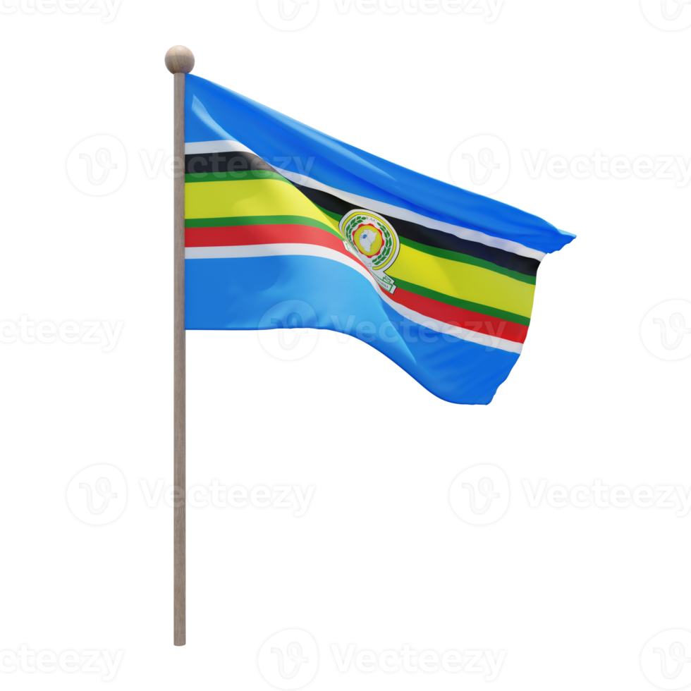 East African Community 3d illustration flag on pole. Wood flagpole png