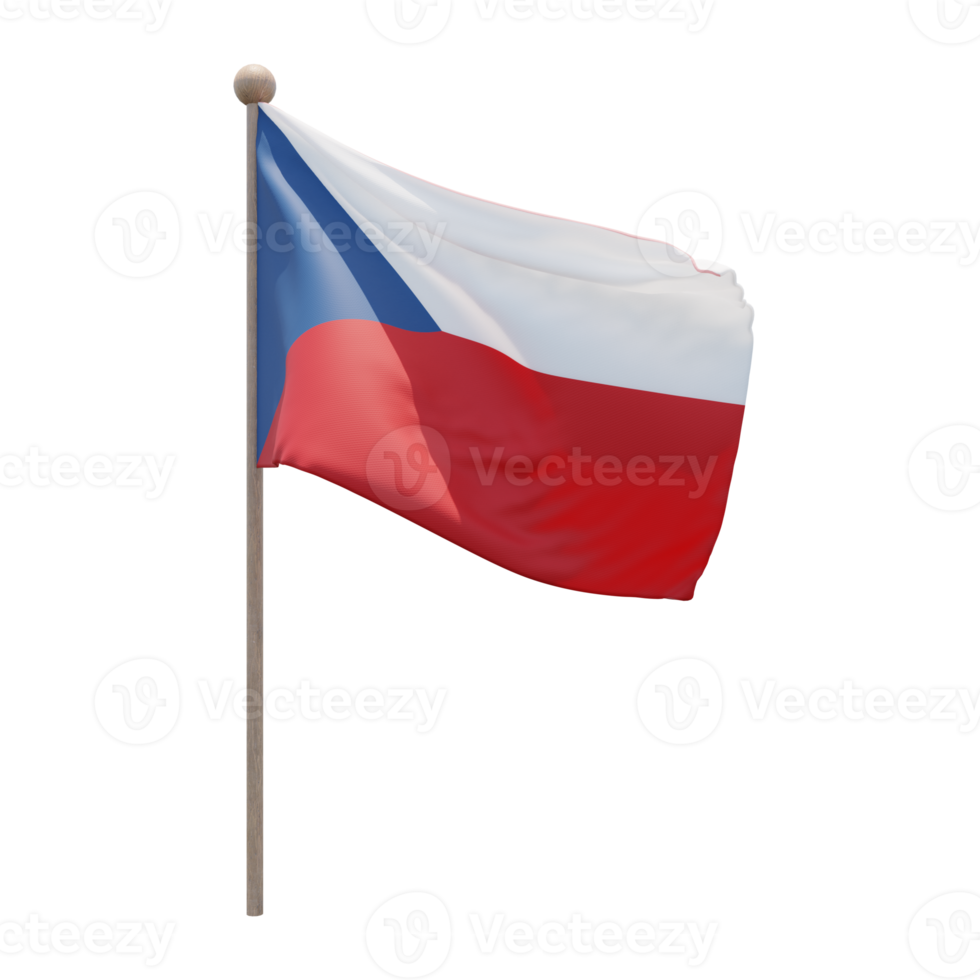 Czech Republic 3d illustration flag on pole. Wood flagpole png