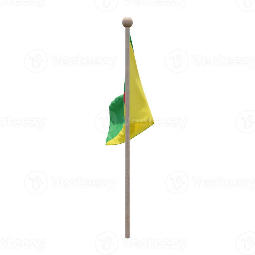 French Guiana 3d illustration flag on pole. Wood flagpole png