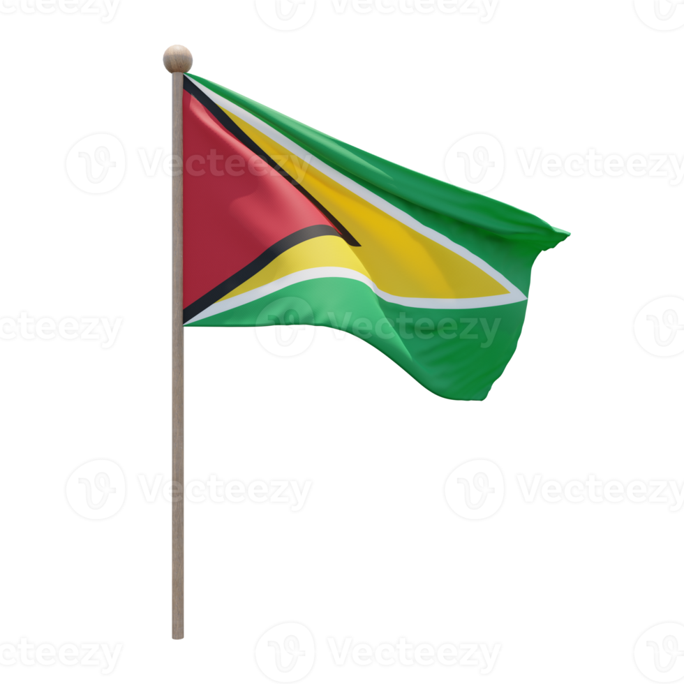 Guyana 3d illustration flag on pole. Wood flagpole png