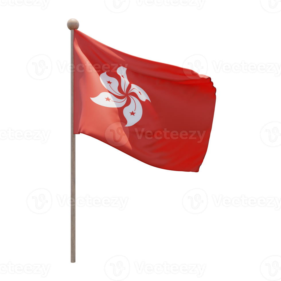 Hong Kong 3d illustration flag on pole. Wood flagpole png