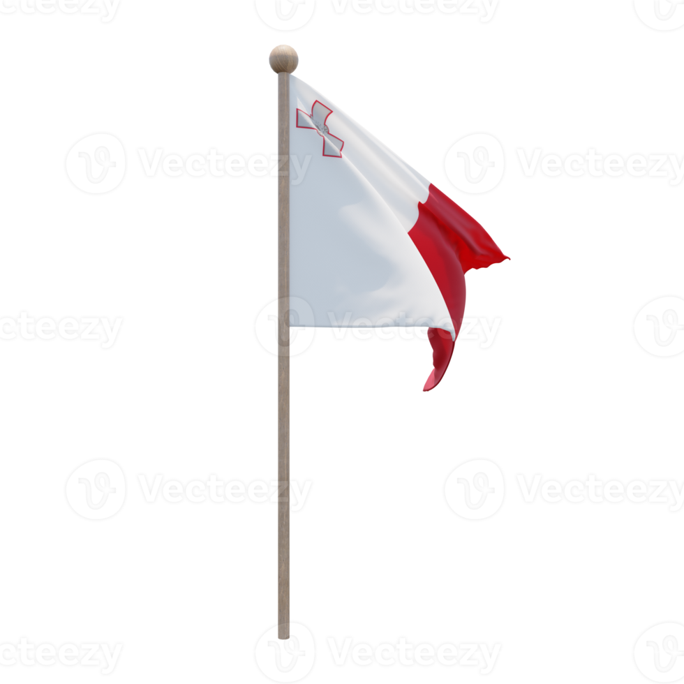 Malta 3d illustration flag on pole. Wood flagpole png