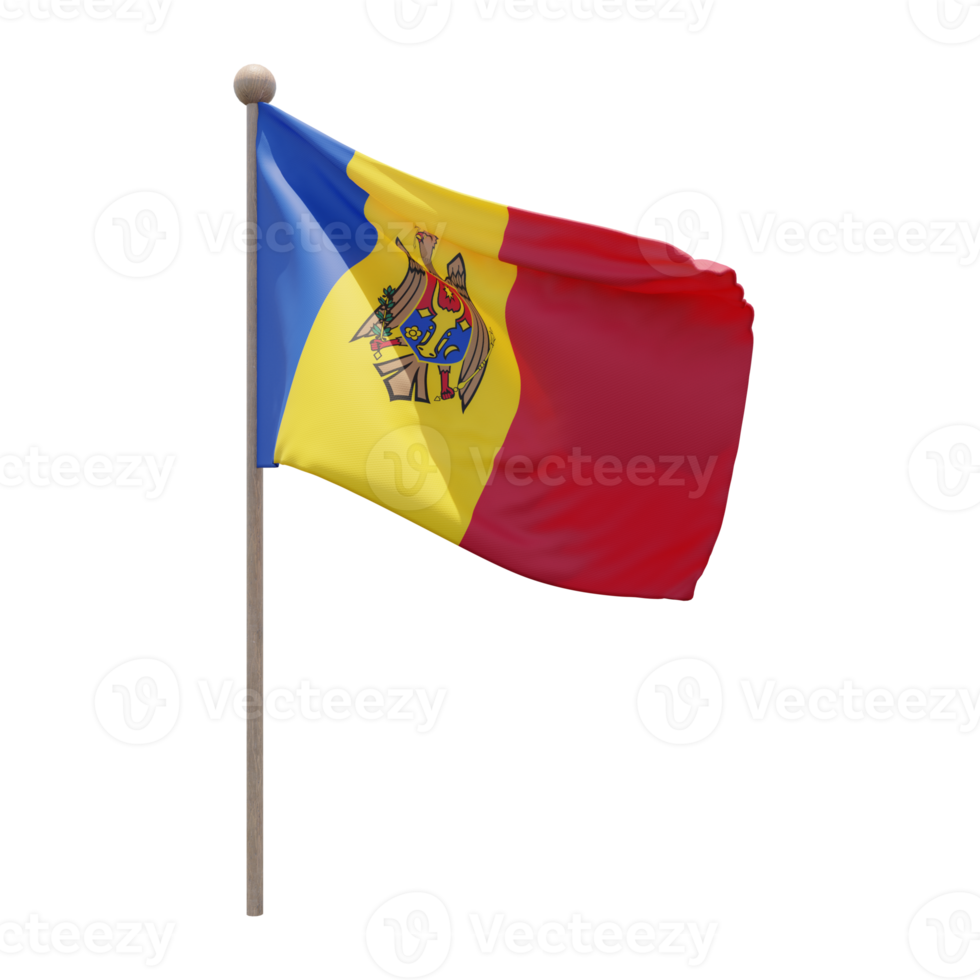 moldavien 3d illustration flagga på Pol. trä flaggstång png