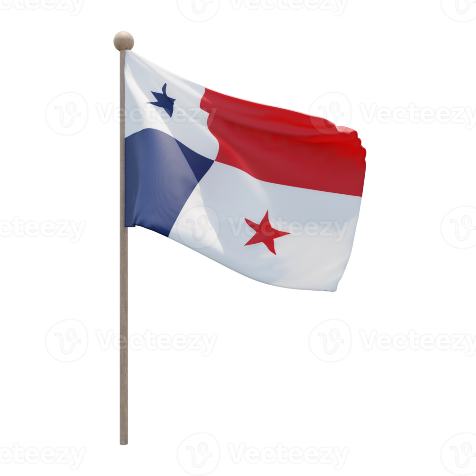 Panama 3d illustration flag on pole. Wood flagpole png
