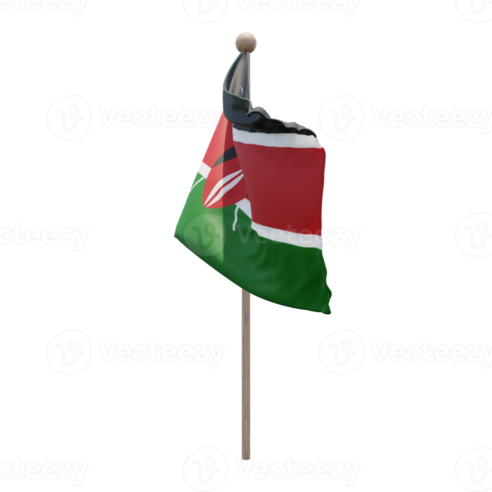 Kenya 3d illustration flag on pole. Wood flagpole png