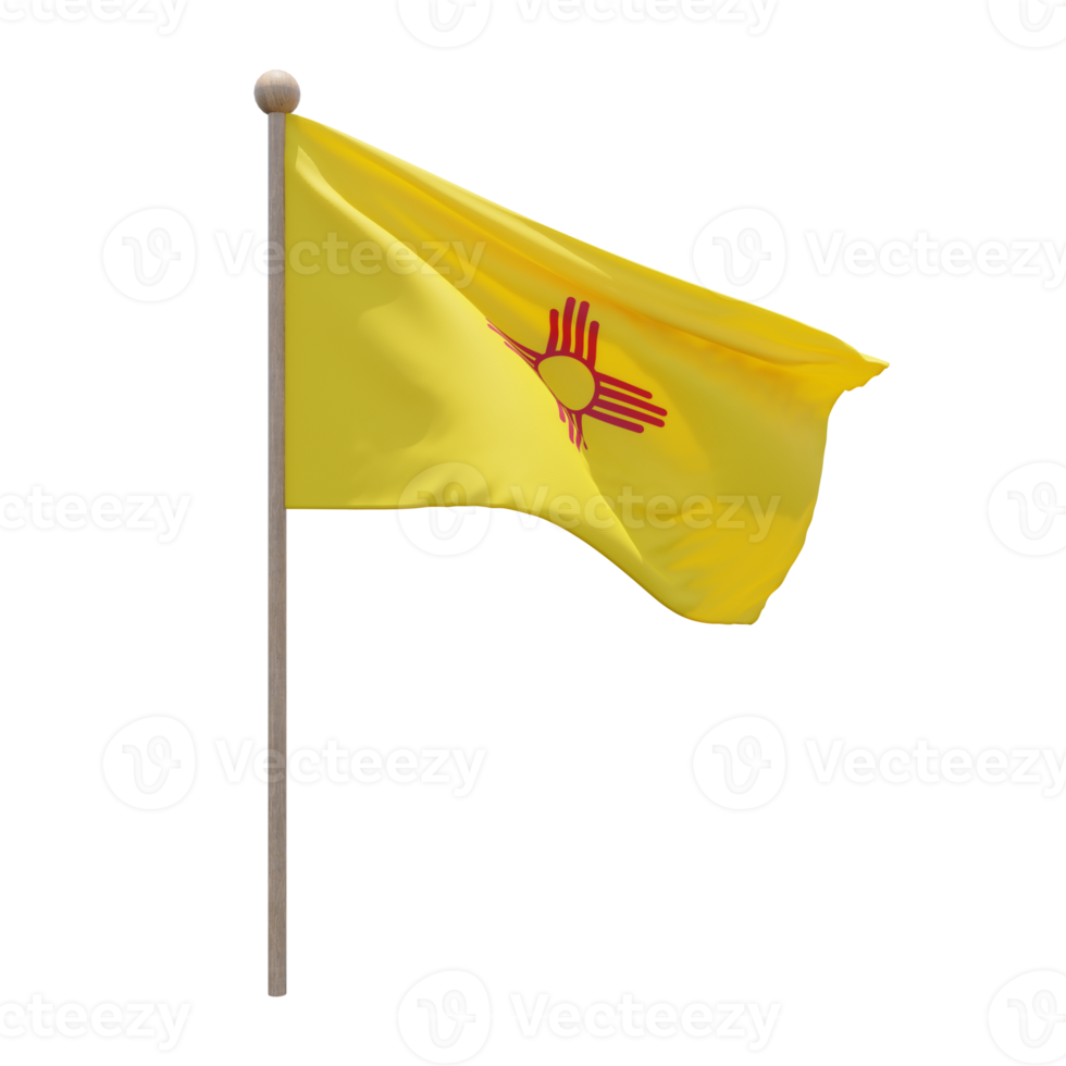 New Mexico 3D-Darstellung Flagge auf der Stange. Fahnenmast aus Holz png