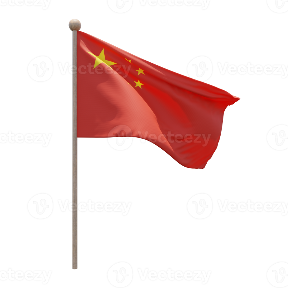 Peoples Republic of China 3d illustration flag on pole. Wood flagpole png