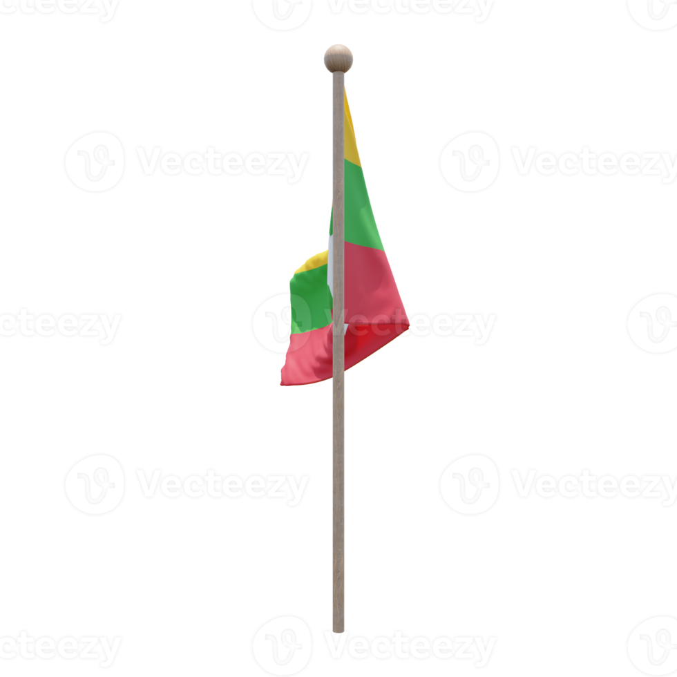 Myanmar 3d illustration flag on pole. Wood flagpole png