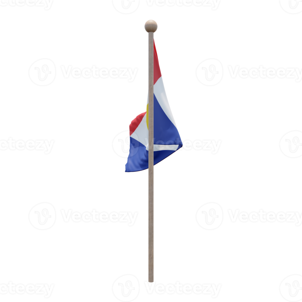 Saba 3d illustration flag on pole. Wood flagpole png