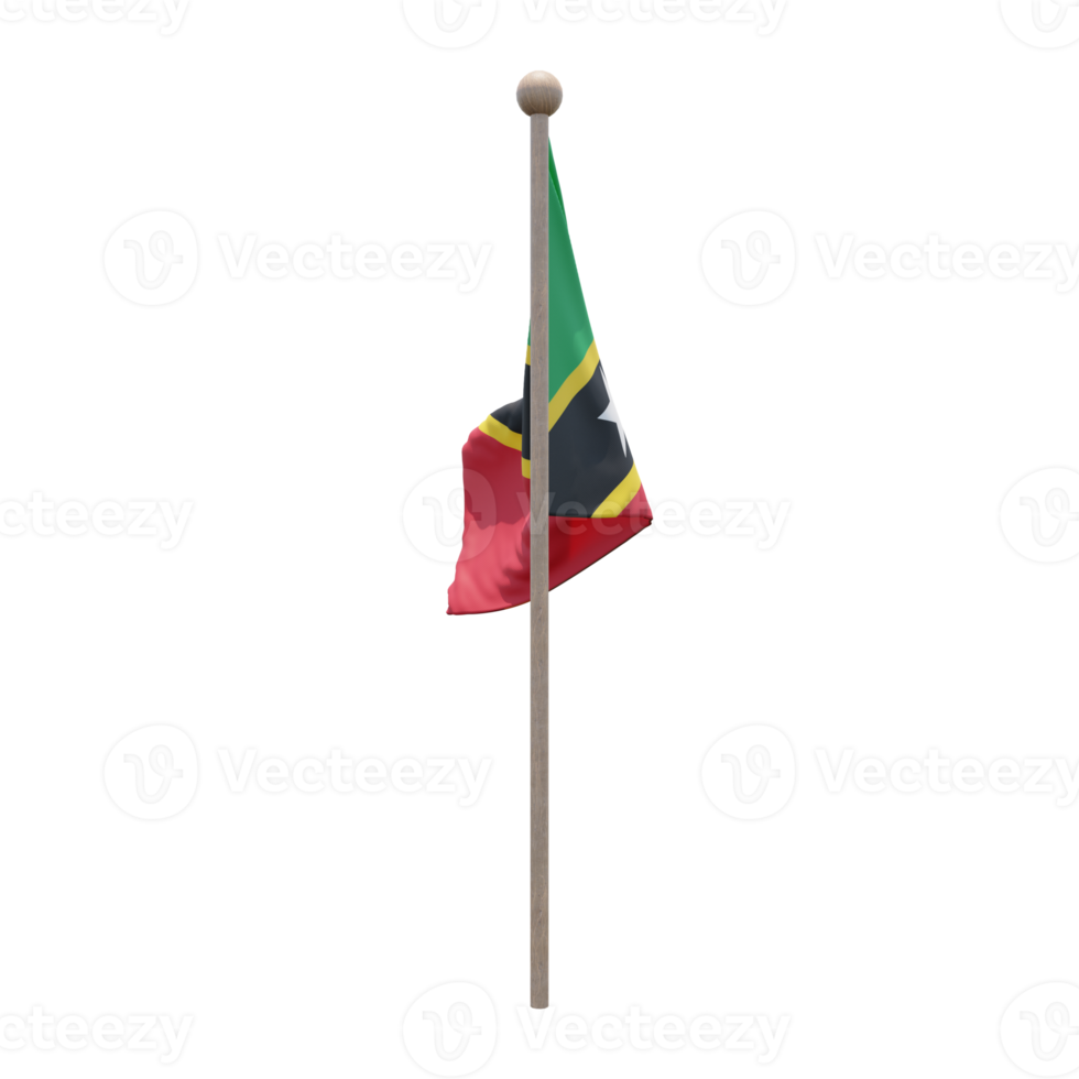 Saint Kitts and Nevis 3d illustration flag on pole. Wood flagpole png