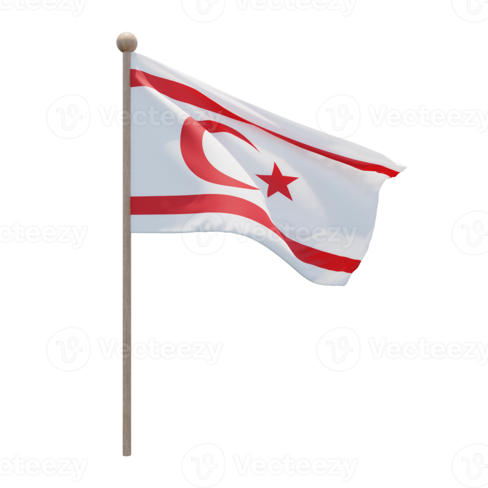 Turkish Republic of Northern Cyprus 3d illustration flag on pole. Wood flagpole png