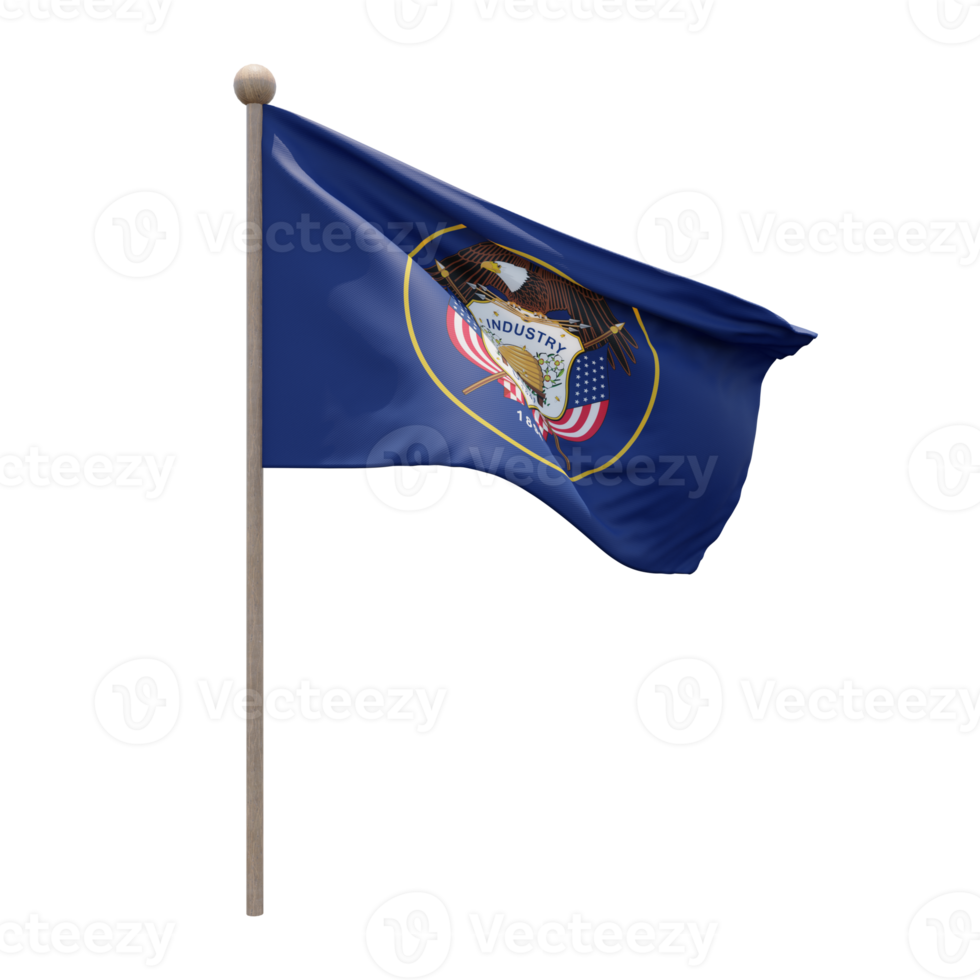 Utah 3d illustration flag on pole. Wood flagpole png