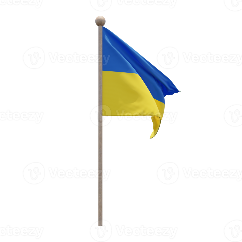 Ukraine 3d illustration flag on pole. Wood flagpole png