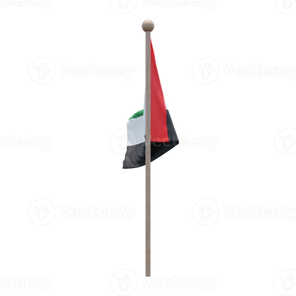 United Arab Emirates 3d illustration flag on pole. Wood flagpole png