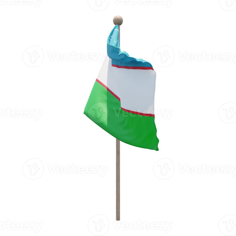 Uzbekistan 3d illustration flag on pole. Wood flagpole png