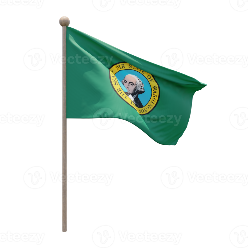 Washington 3d illustration flag on pole. Wood flagpole png