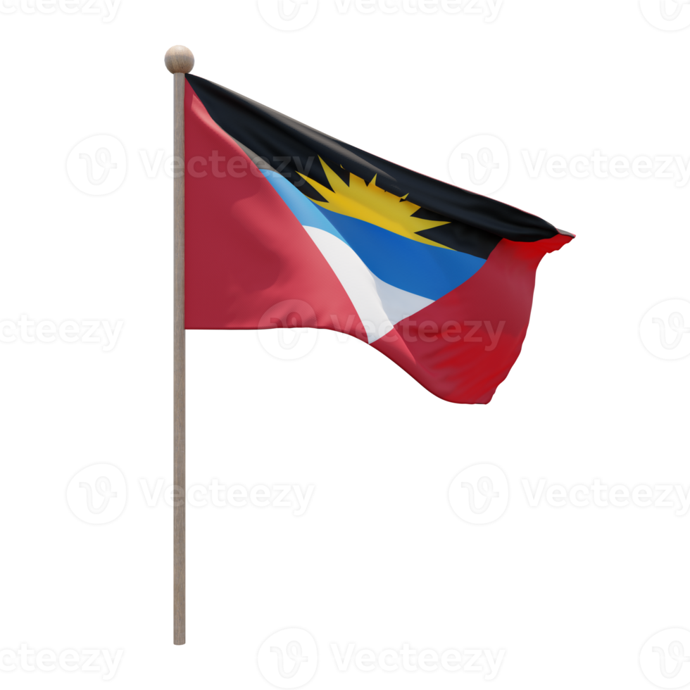 Antigua and Barbuda 3d illustration flag on pole. Wood flagpole png