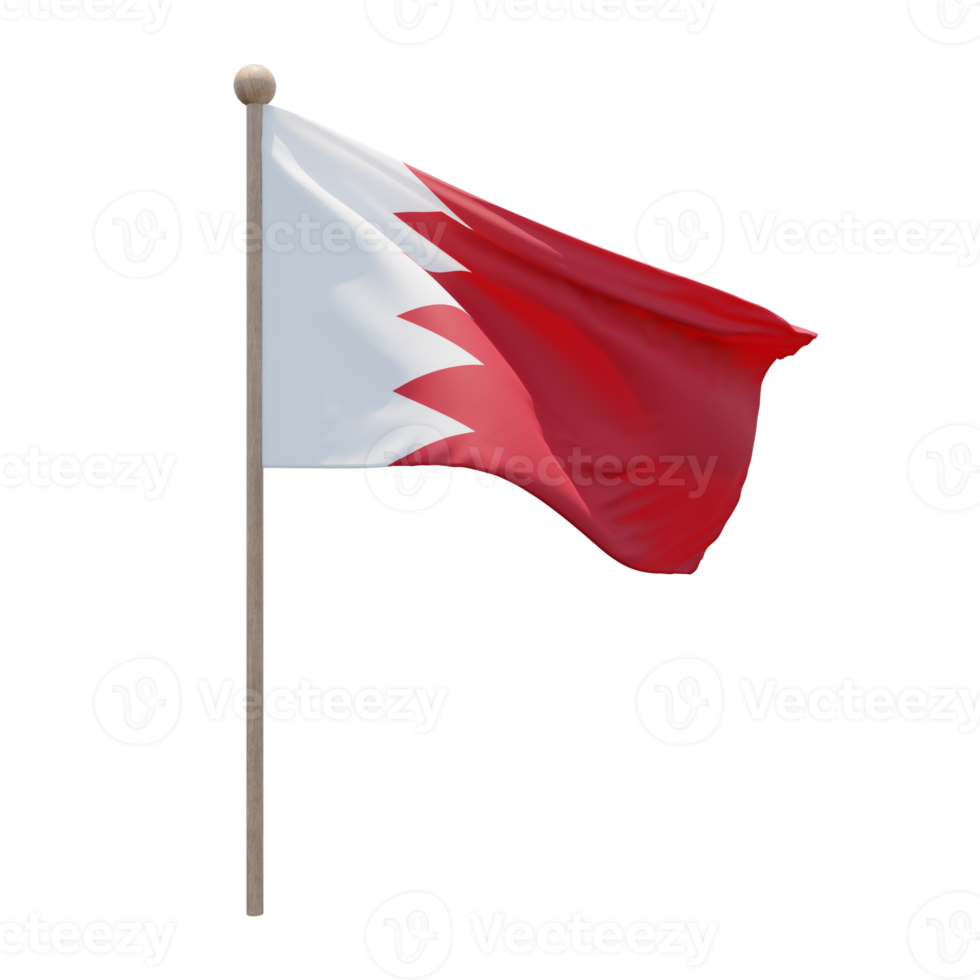 Bahrain 3d illustration flag on pole. Wood flagpole png