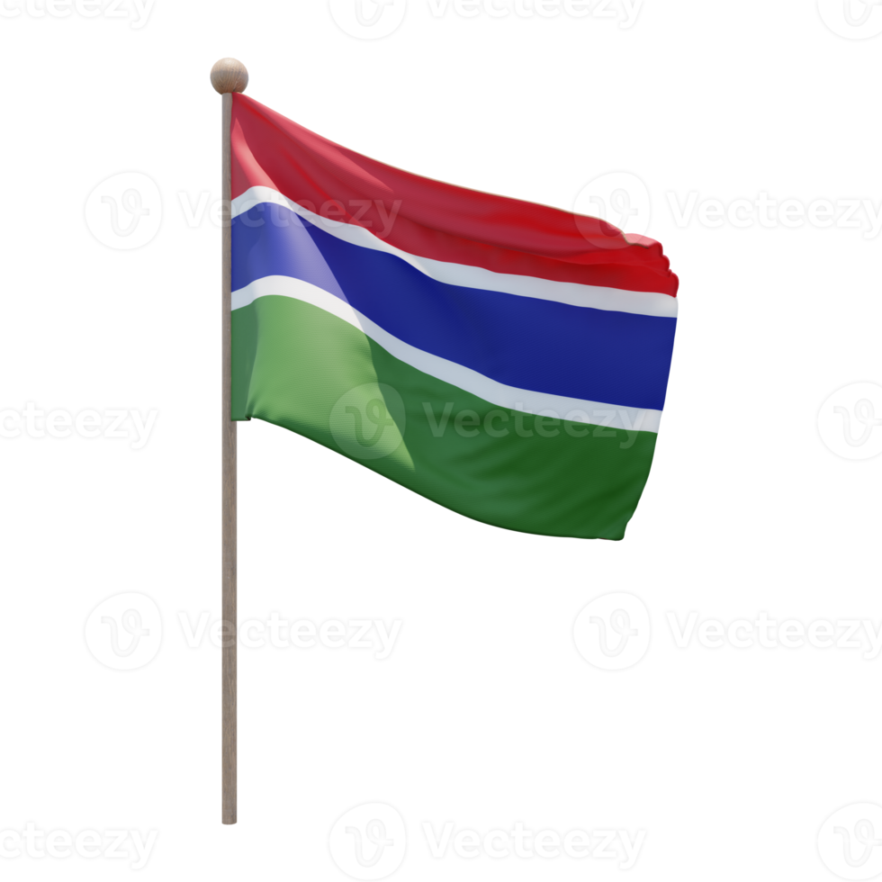 Gambia 3d illustration flag on pole. Wood flagpole png