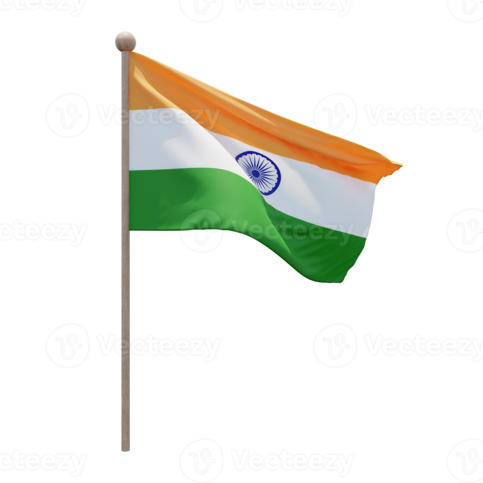 India 3d illustration flag on pole. Wood flagpole png