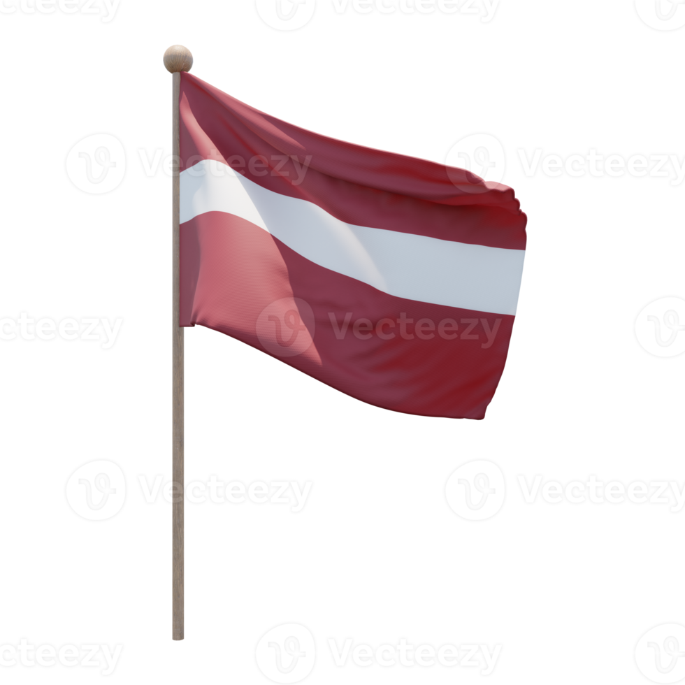 Latvia 3d illustration flag on pole. Wood flagpole png