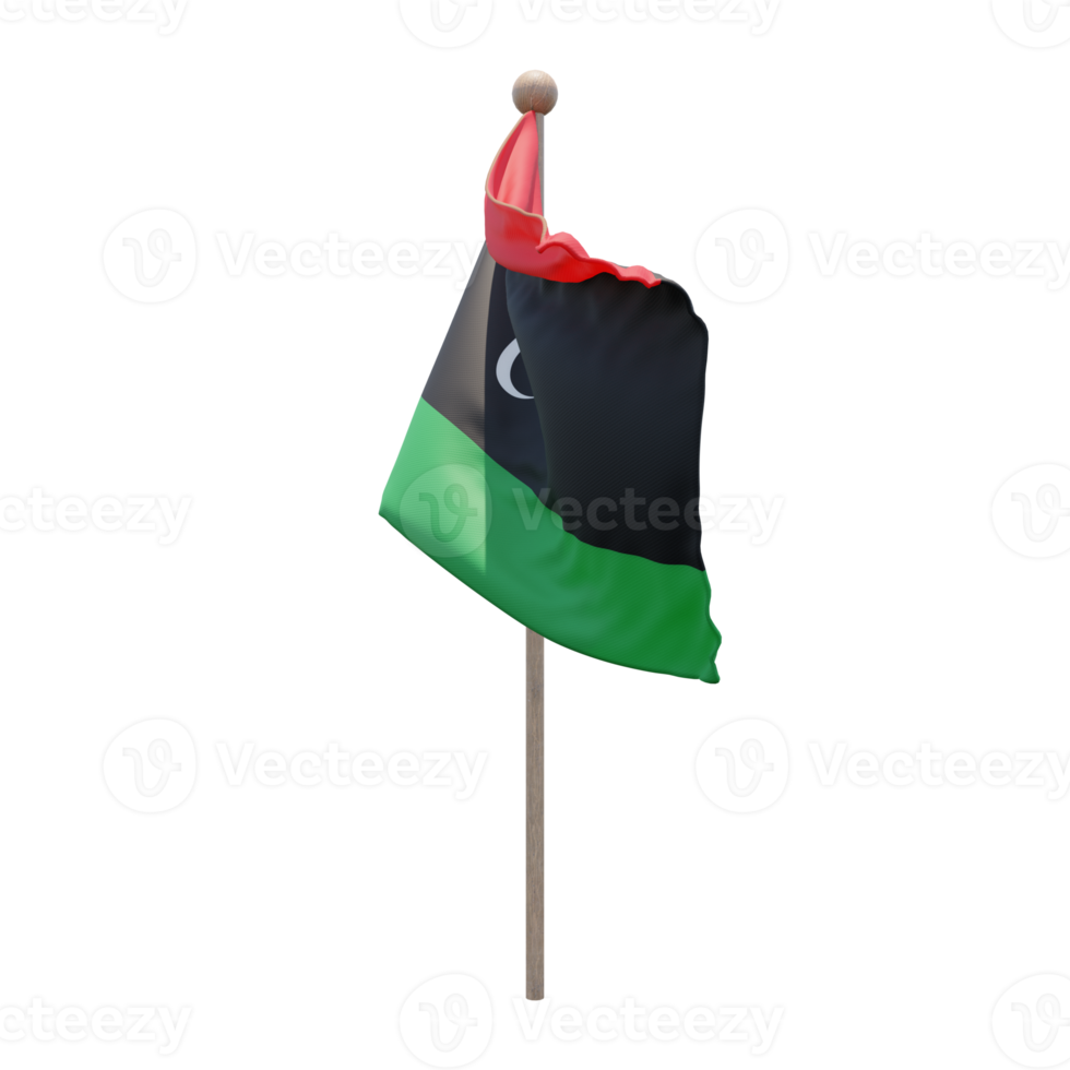 Libya 3d illustration flag on pole. Wood flagpole png