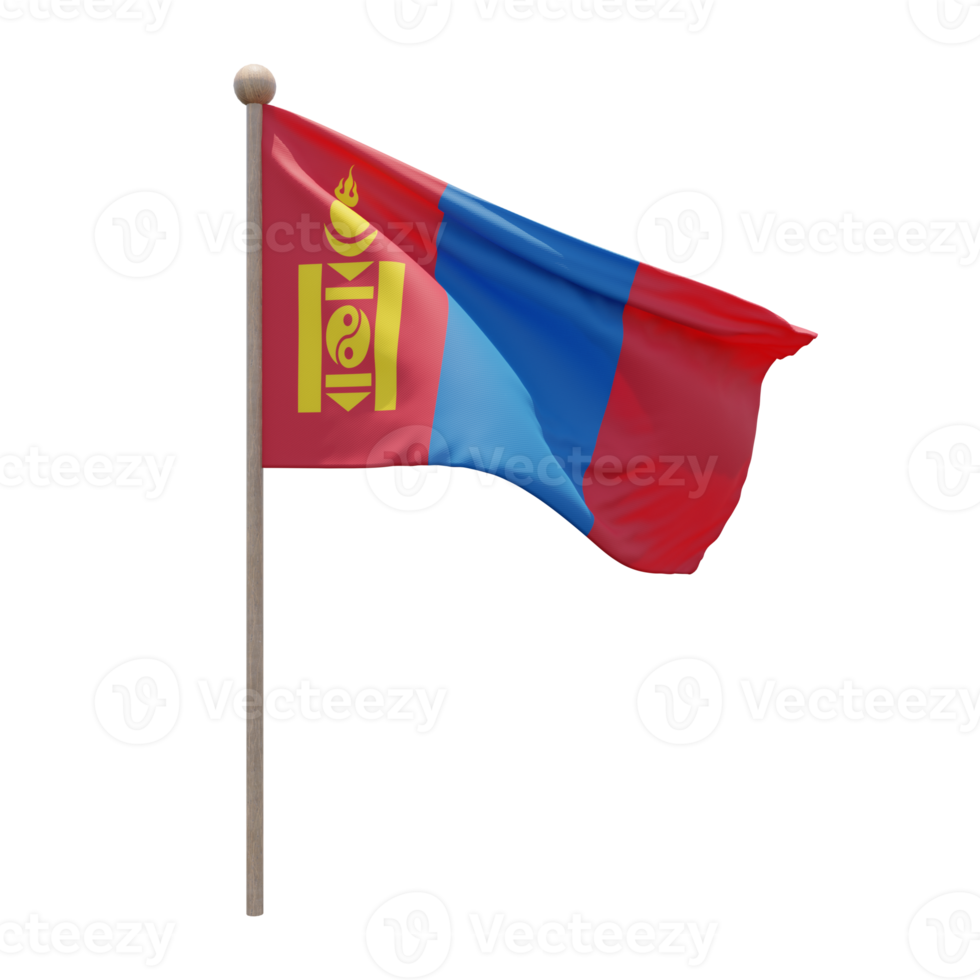 Mongolia 3d illustration flag on pole. Wood flagpole png